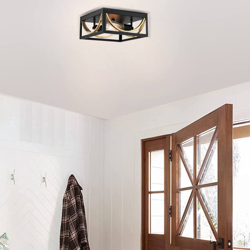 2-Light Caged Flush Mount Light - Black And Golden - 11.8"x11.8"x5.5"