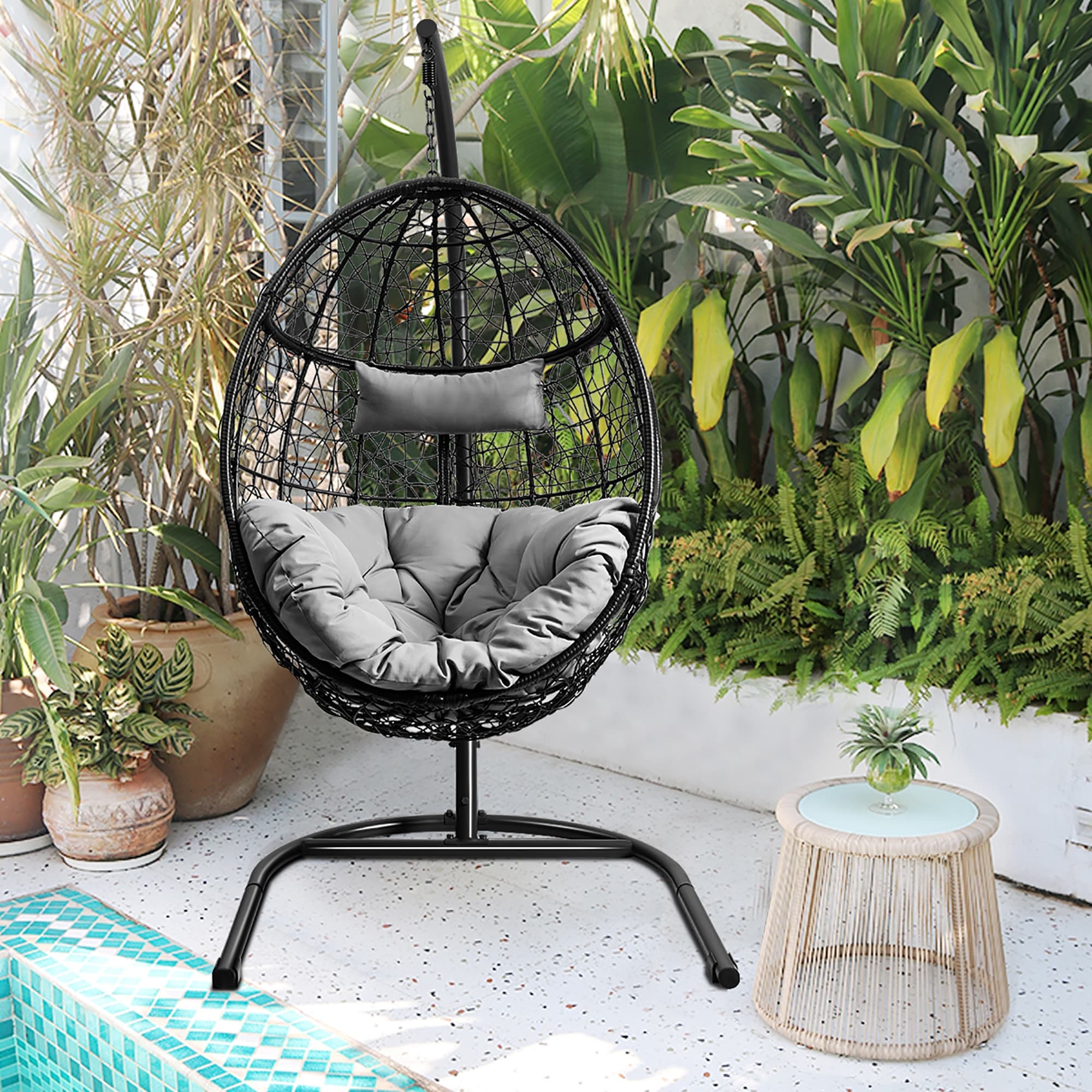 costway hammock chair with stand hanging cushioned swing egg chair