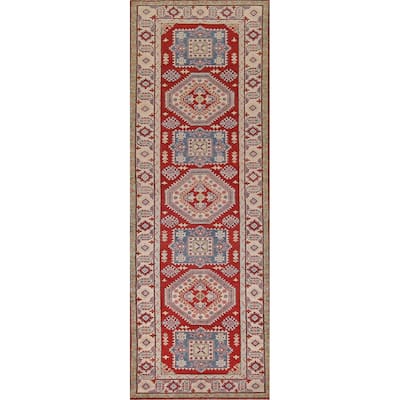 Geometric Red Kazak Runner Rug Hand-Knotted Hallway Wool Carpet - 3'11" x 13'4"