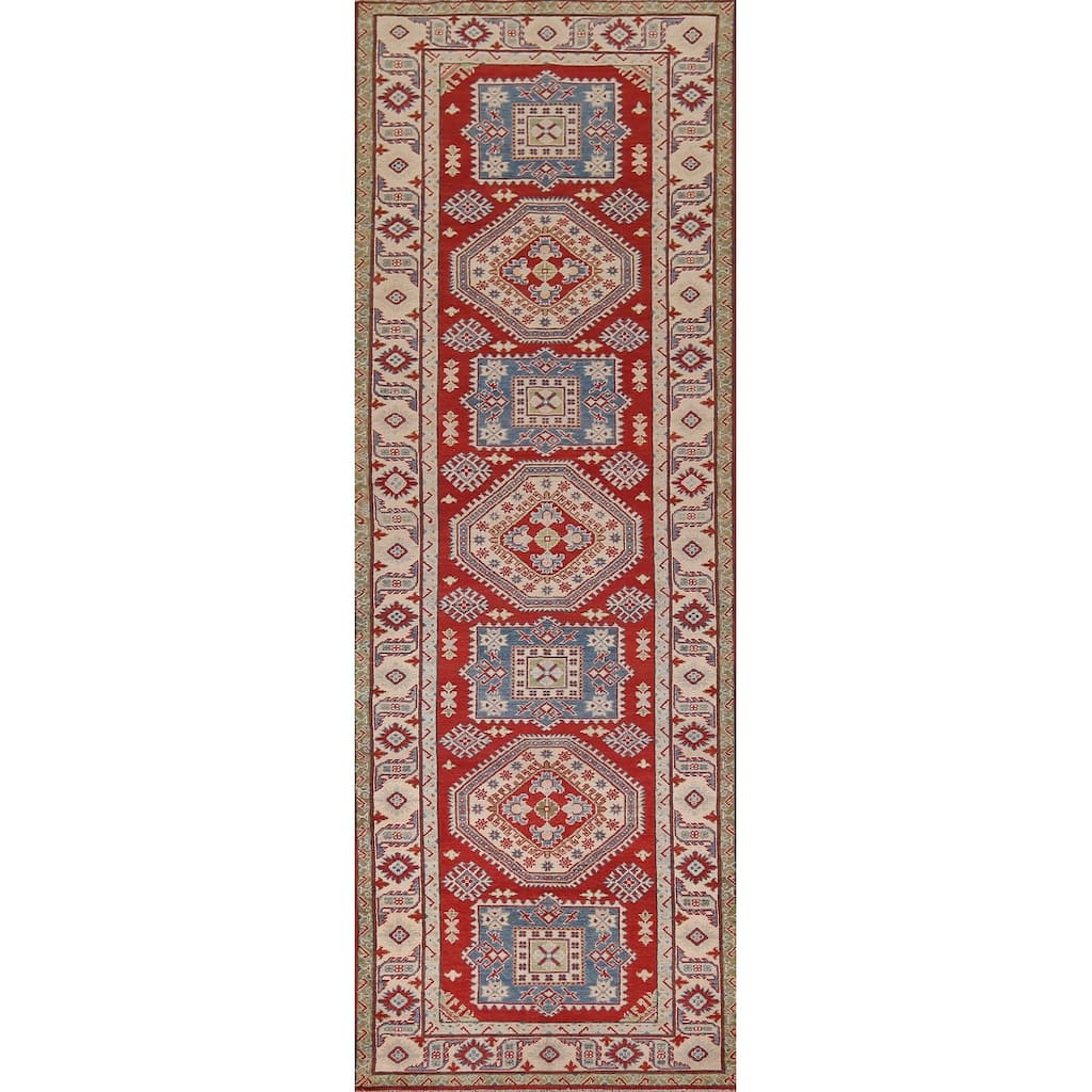 Geometric Red Kazak Runner Rug Hand-Knotted Hallway Wool Carpet - 3'11" x 13'4"