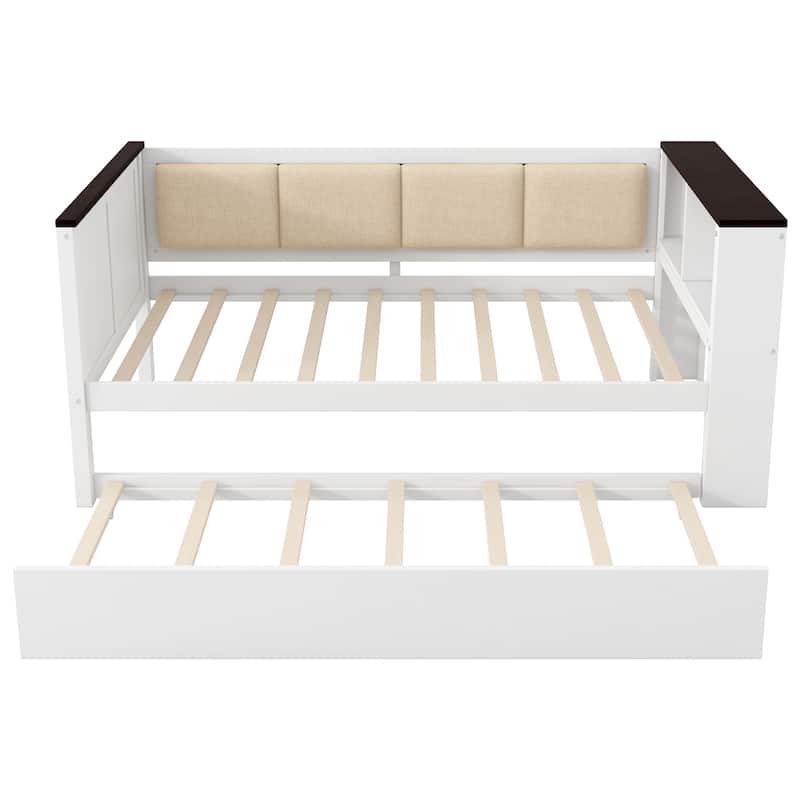 Twin Size Wood Daybed with Storage Shelves, Upholstered Backrest,USB and Trundle, White