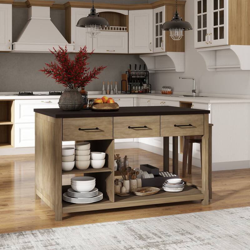 Extendable Kitchen Island with Storage, Multi-Functional Kitchen Cart with Built-In Power Outlets, Retro Kitchen Island