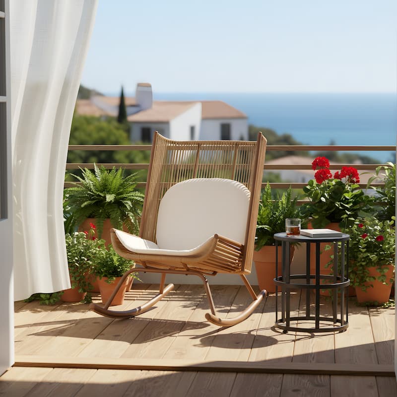 Christopher Knight Home - Siena High Arc Back Outdoor Rocking Chair Set with Cushions and Ceramic Tile Side Table - 2-Piece Set - Brown+Black