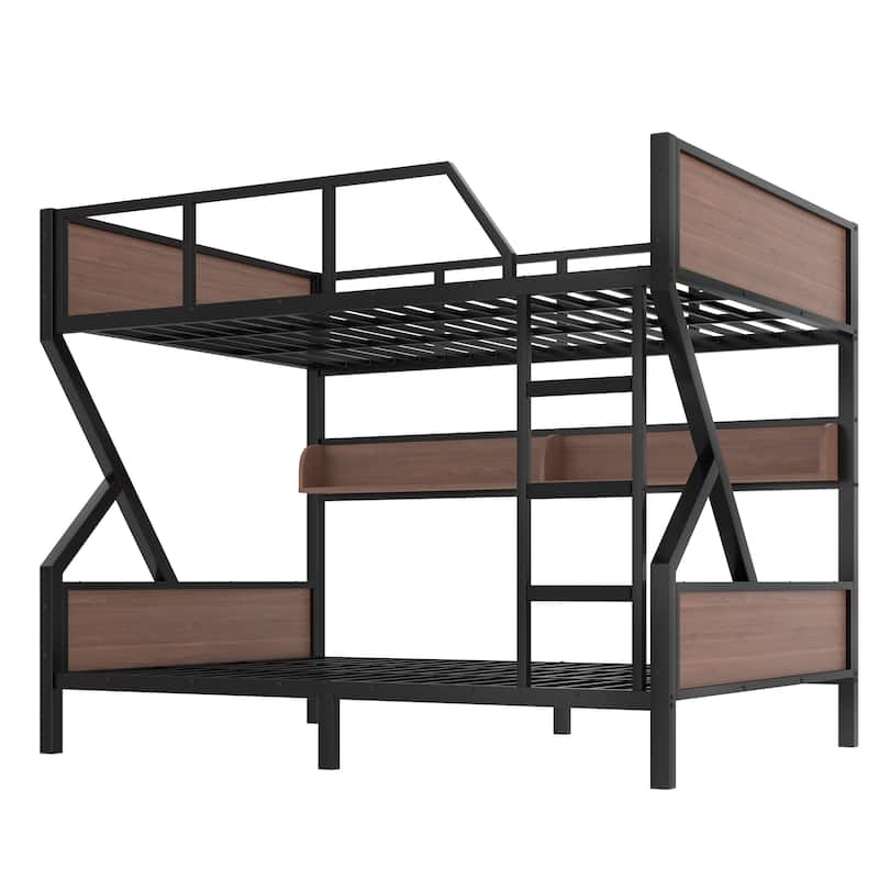 Queen over Queen Bunk Bed, Metal Bunk Bed with Storage Shelves and Lights, Space-saving & Noise-free Design, Black