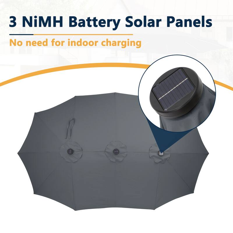 Clihome 15Ft Outdoor Solar Lights Rectangular Crank Market Umbrella, with Base