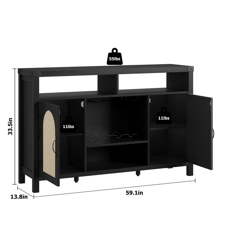 52" Rattan Sideboard Buffet Cabinet with Storage and Wine Racks, Farmhouse Kitchen Buffet Cabinet with Drawer