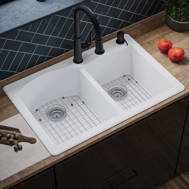 Karran Drop-In Quartz 33 in. 1-Hole 60/40 Double Bowl Kitchen Sink Kit