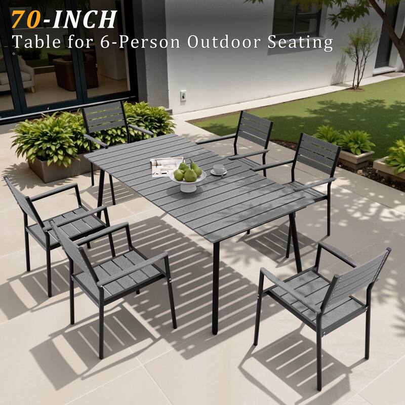 70in Outdoor Patio Rectangle Aluminum Wood-Like Dining Table with Umbrella Hole