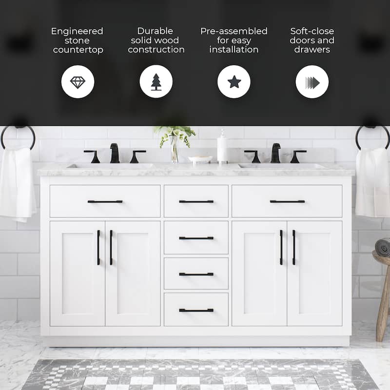 Athea Bathroom Vanity with White Engineered Marble Top - 60" - White with Matte Black Hardware