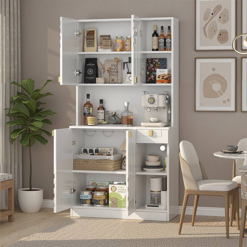 Gymojoy 71" Kitchen Pantry Cabinet with Power Outlet, Adjustable Shelves, Microwave Stand for Kitchen & Dining Room Storage