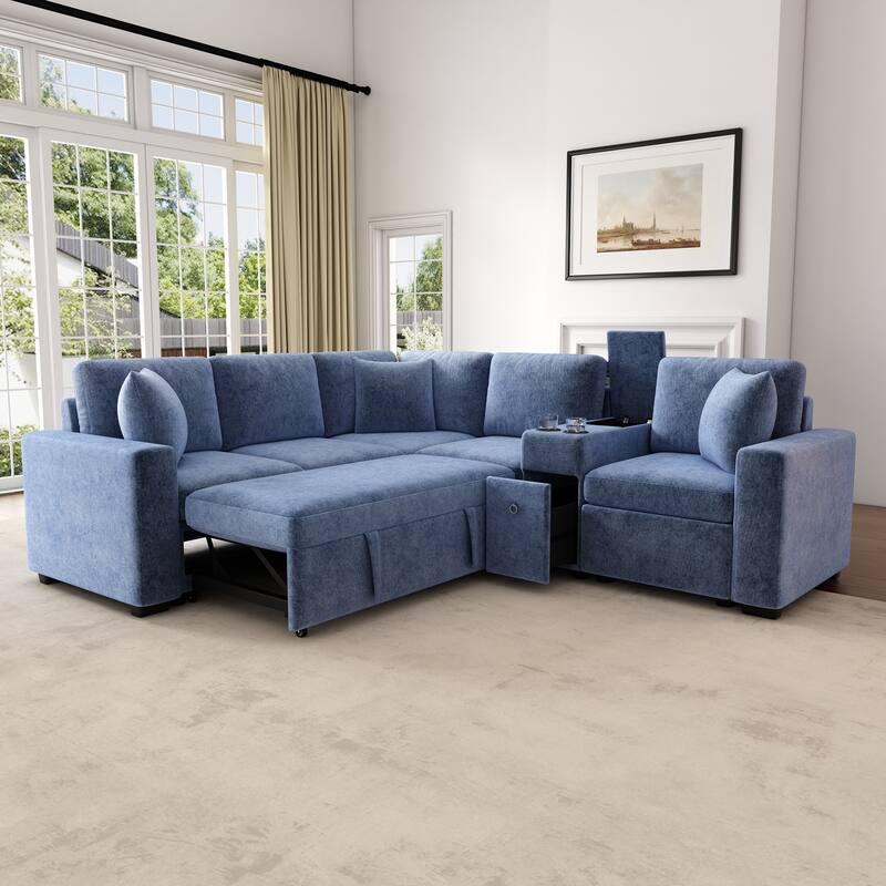 120.5" L-shaped Blue Chenille Convertible Sofa Bed w/ Pull-Out Bed, Cup Holders & Storage