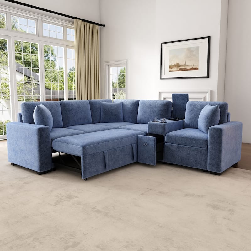 Roomfitters 120.5" L-Shaped Convertible Sectional Sofa Bed with Pull-Out, Cup Holders & Storage - Blue