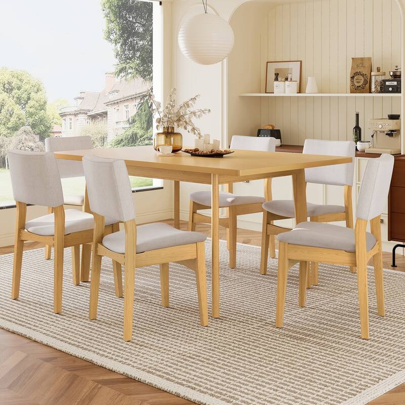 Roomfitters 7-Piece Modern Dining Set, Rectangular Kitchen Table with 6 Upholstered Chairs, Solid Wood Frame