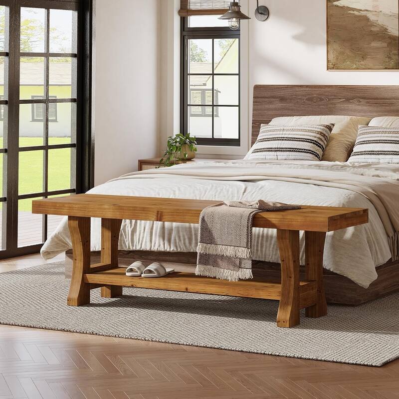 Solid Wood Entryway Bench, 55" End of Bed Bench, Long Indoor Dining Seat - 55.1" W x 13.8" D x 17.7" H