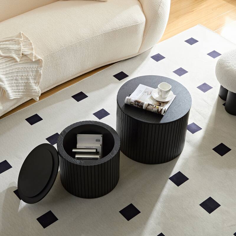 Set of 2 Round Nesting Tables, Vertical Stripe Coffee Table Sets with Hidden Storage and Disassembled Tabletop
