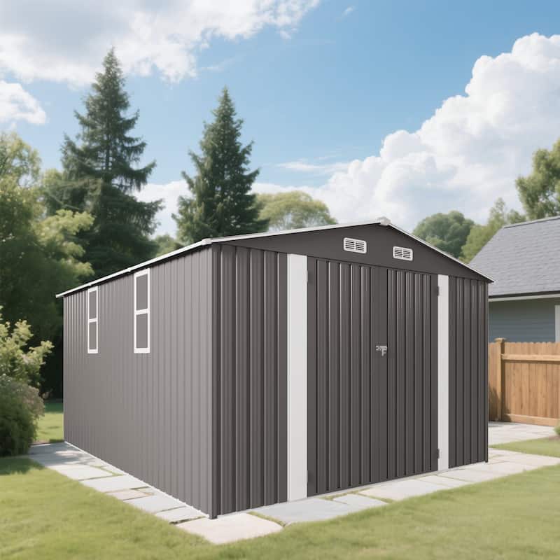 10x12FT Outdoor Storage Shed Large Metal Garden Shed - Grey