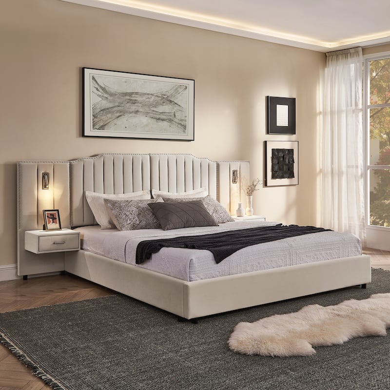 King Size Upholstered Bed Frame with Velvet Fabric - Beige