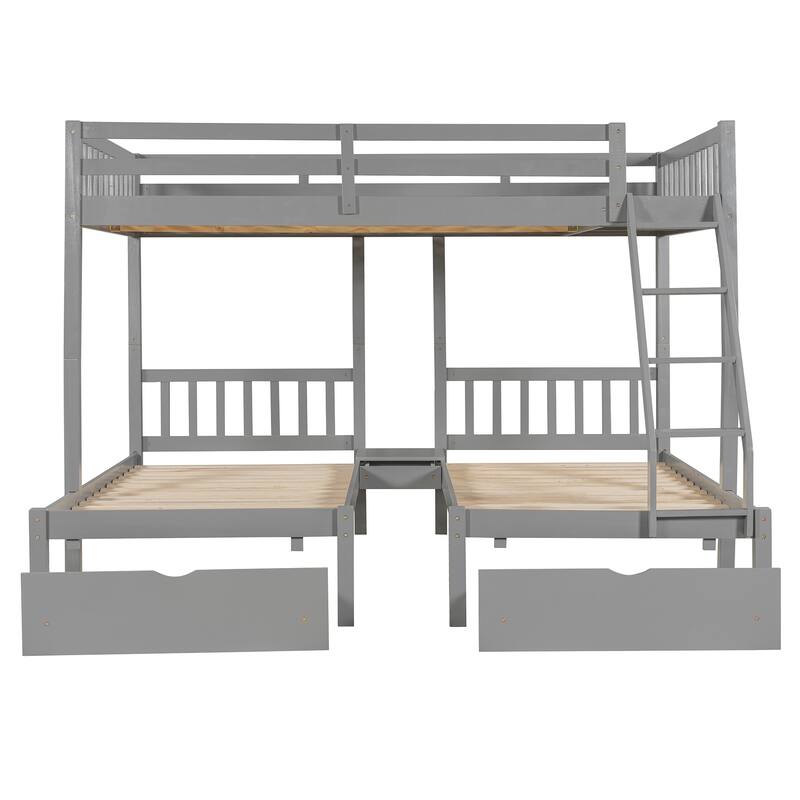 Detachable Triple Bunk Bed Convertible 3 Platform Beds, Wood Full Over Twin & Twin Bunk Bed Frame with Drawers and Guardrails