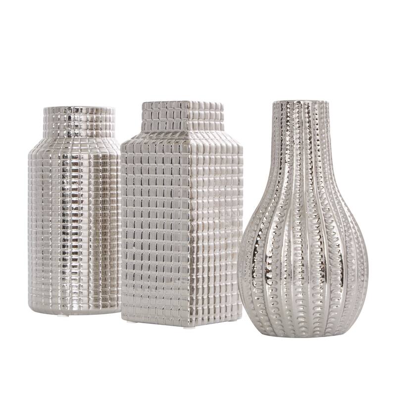 Gold, Cream or Silver Ceramic Dimensional Textured Geometric Vase with Varying Shapes and Grid Patterns (Set of 3)