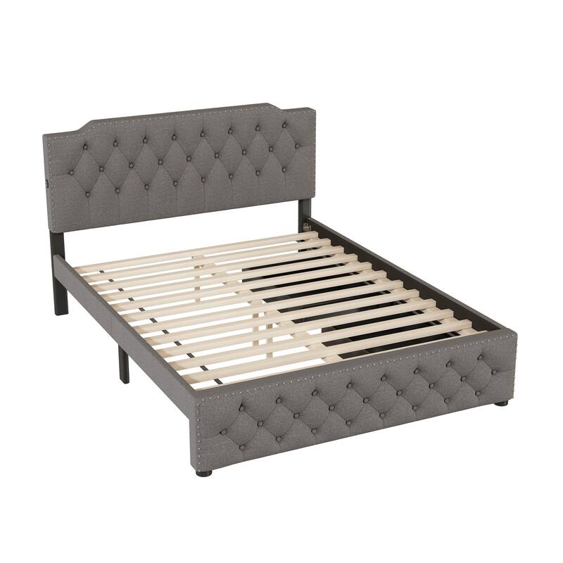 Queen Linen Upholstered Platform Bed with Tufted Headboard, 2 Drawers