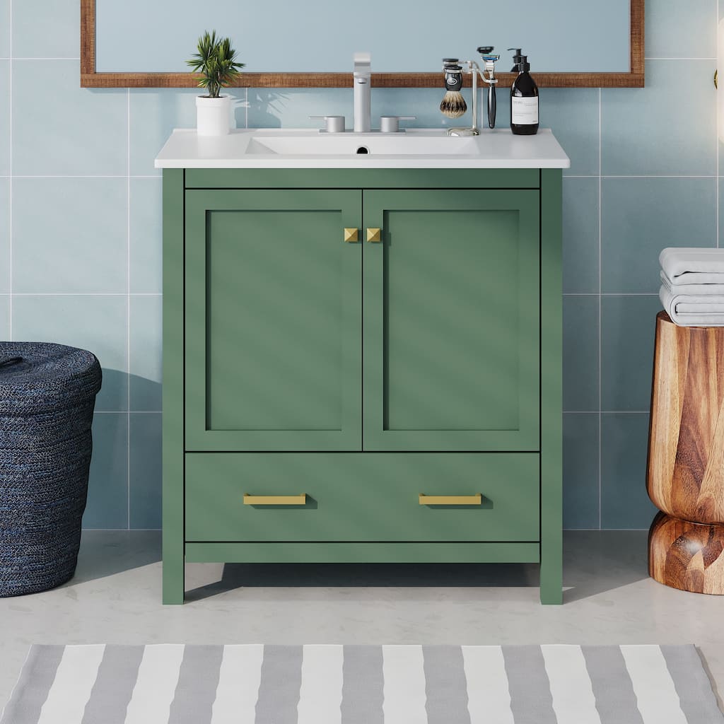 30 Inch Green Bathroom Vanity with Single Sink,Combination Under Counter Sink,Bathroom Storage Cabinet with 2 Doors and a Drawer