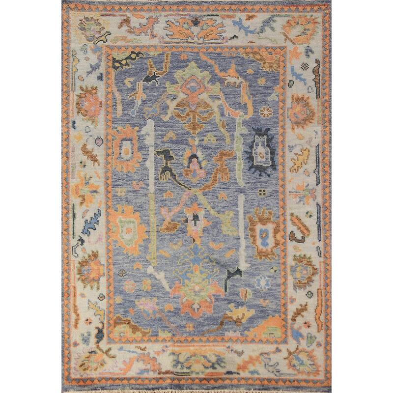 Blue Oushak Oriental Rug Hand-Knotted Transitional Wool Carpet - 4'1"x 5'10"