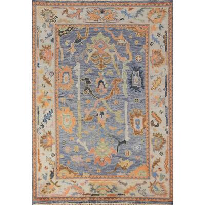 Blue Oushak Oriental Rug Hand-Knotted Transitional Wool Carpet - 4'1"x 5'10"