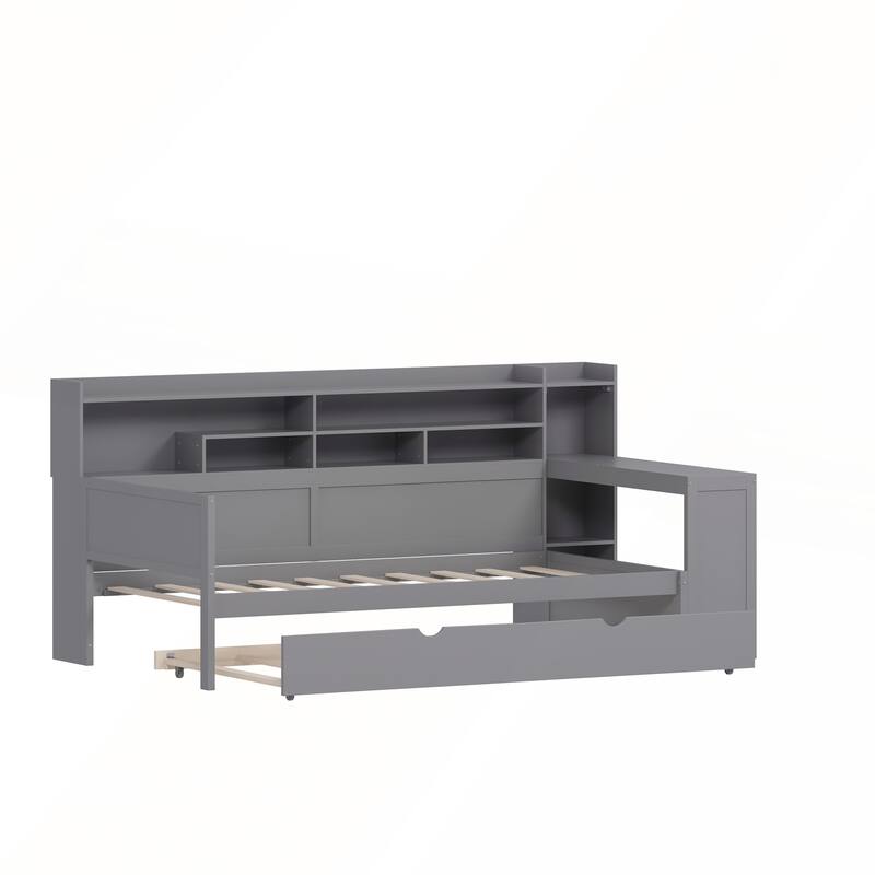 Multi-functional Wooden Full Size Daybed with Twin Size Trundle Bed and Study Desk
