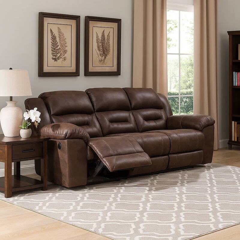 Aky 90 Inch Manual Recliner Sofa, Cushioned Seat, Dark Brown Faux Leather