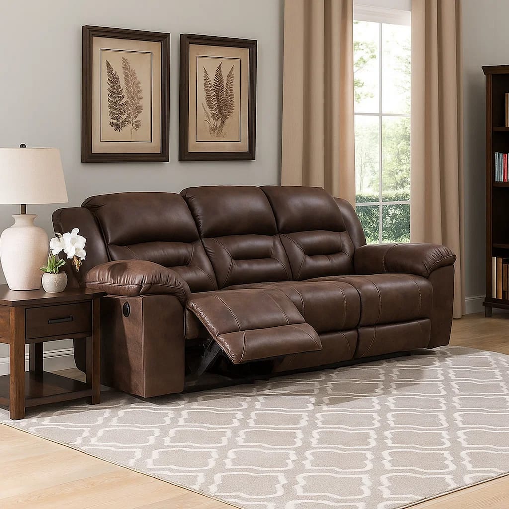 Aky 90 Inch Manual Recliner Sofa, Cushioned Seat, Dark Brown Faux Leather