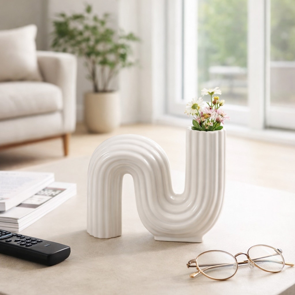 Decorative Vase - White Ceramic Geometric Loopy Ribbed, 6 in