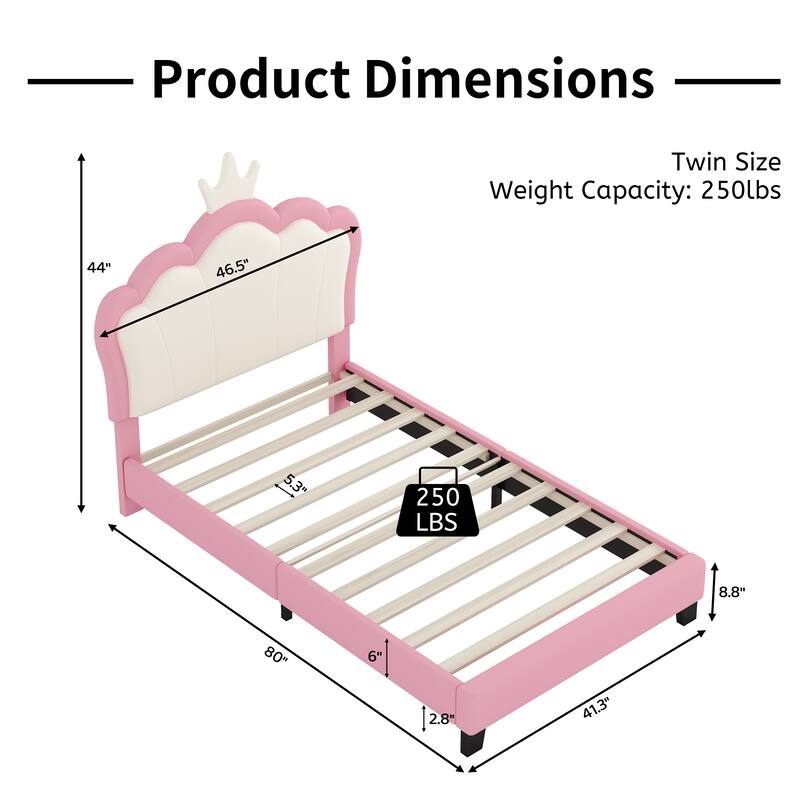 Twin size PU Princess Crown Headboard Platform Bed with Headboard and Footboard
