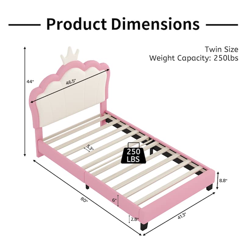 Twin size Upholstered Princess Bed With Crown Headboard,Twin Size Platform Bed with Headboard and Footboard