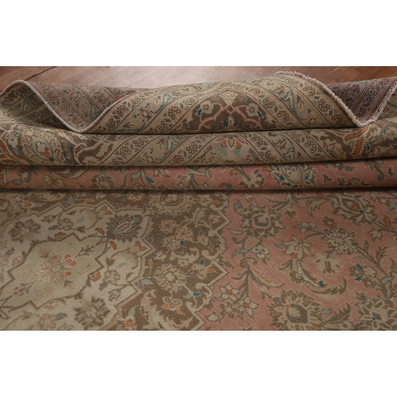 Traditional Pink Mashad Persian Vintage Area Rug Handmade Wool Carpet - 9'7" x 12'8"