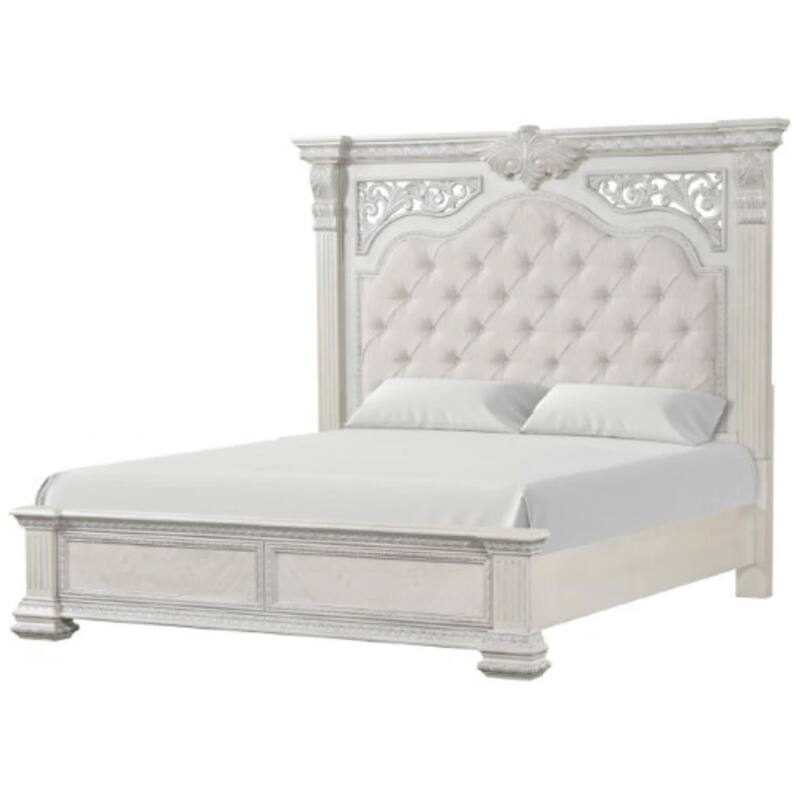 Miamy Queen Bed, Creamy White Wood, Panel Design, Silver Brushed Accents