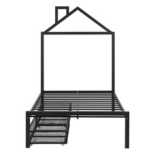 Bedroom Bed Frame with 2 Drawers and House-Shaped Headboard for Kids, Twin Size Metal Platform Bed,Black