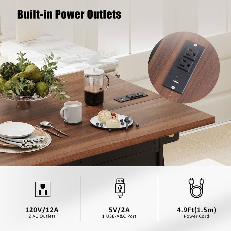 46.5'' Farmhouse Kitchen Island with Drape of Beads, Power Outlet and Internal Iron Shelf