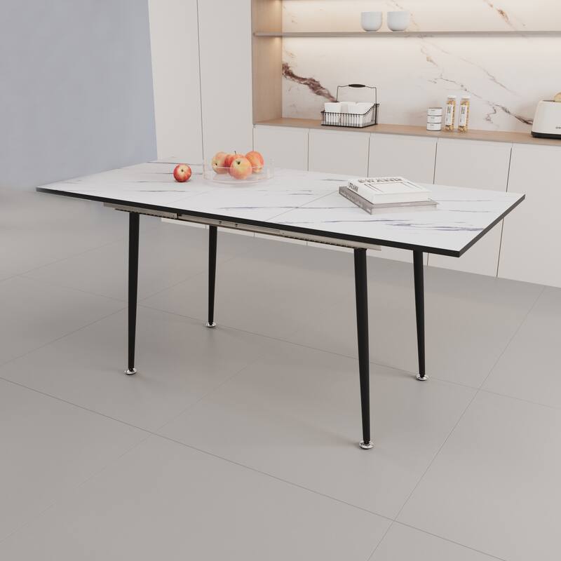 Expandable Marble Pattern Dining Table with Black Metal Legs for Kitchen Dining Room or Living Room - 47”L x 31”W x 30”H
