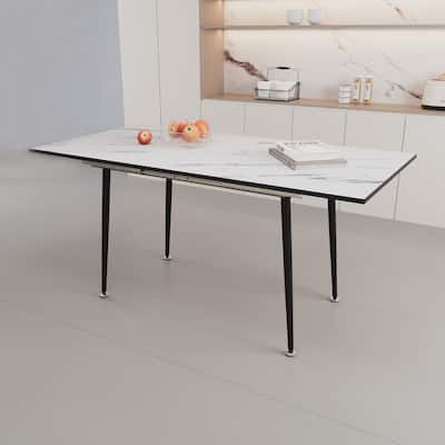 Expandable Marble Pattern Dining Table with Black Metal Legs for Kitchen Dining Room or Living Room - 47”L x 31”W x 30”H