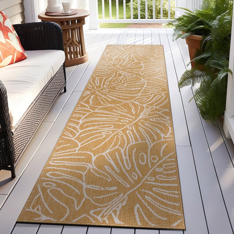 World Rug Gallery Contemporary Tropical Leaves Indoor/Outdoor Area Rug - 2' x 7' Runner - Yellow