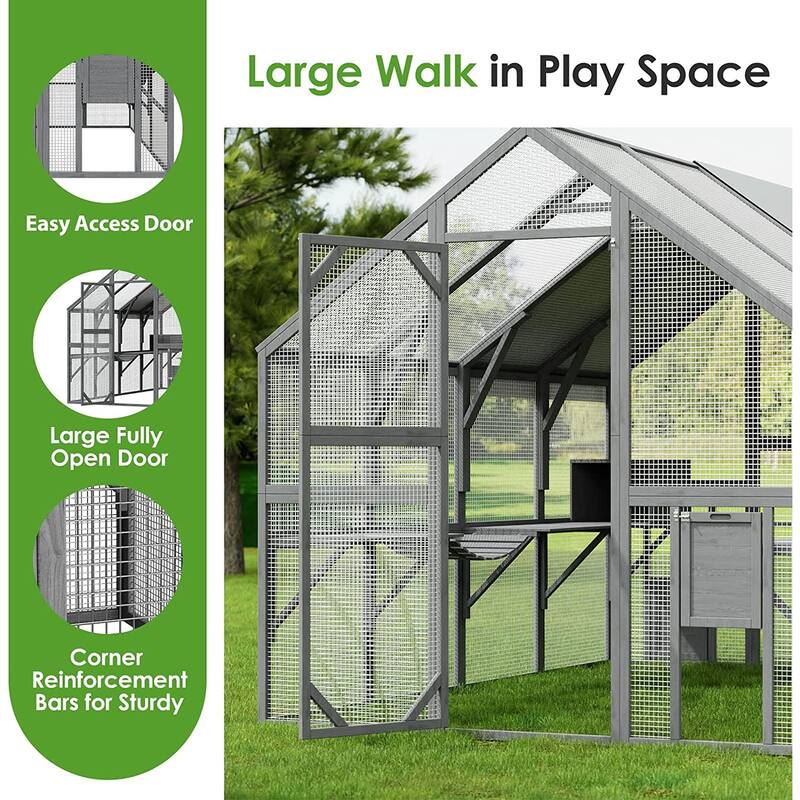 57.2ft² Large Wooden Outdoor Cat House, with 2 Cat Doors, Roof Cover