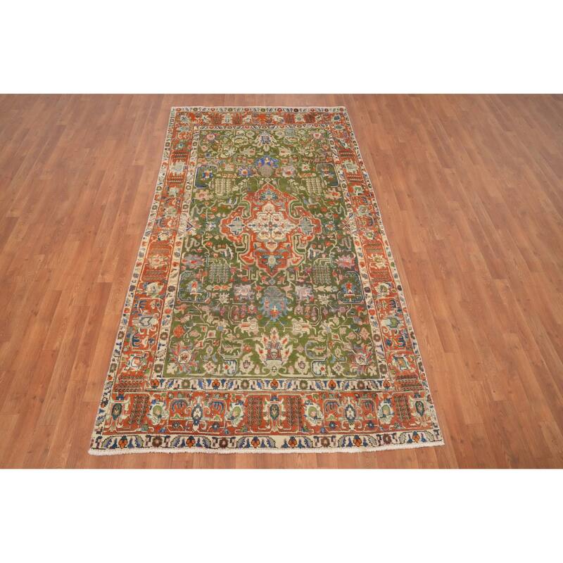 Hand Knotted Oriental 100% Wool Carpet Traditional Medallion Green Tabriz Area Rug - 8' 7'' X 4' 8''