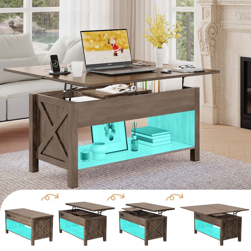 Gymojoy 42" 4-in-1 Lift Top Coffee Table with Charging & LED Lights, Farmhouse Storage Table for Living Room, Office, Dorm