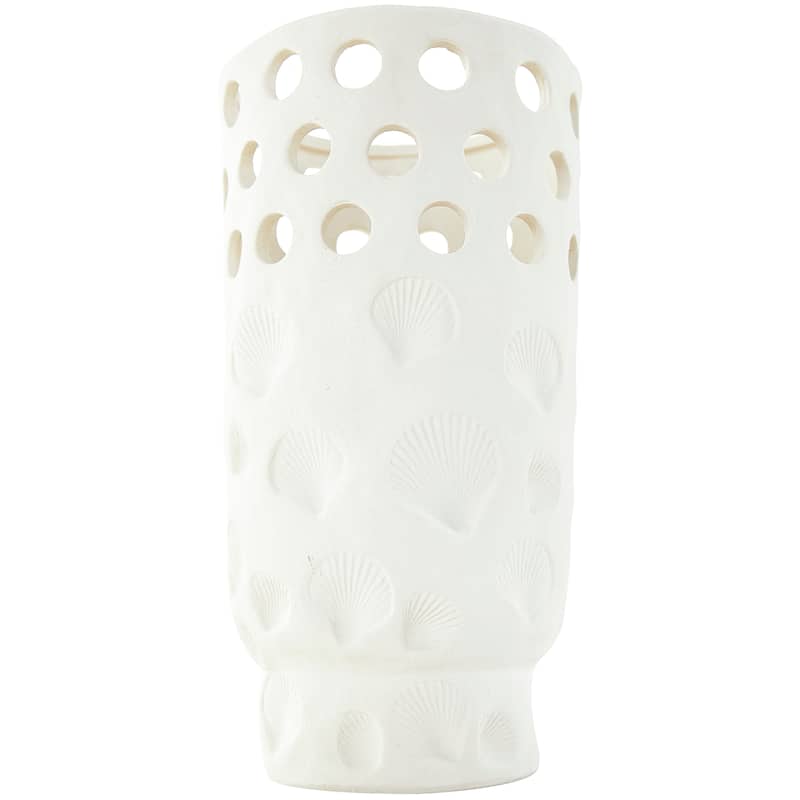 White Ceramic Shell Vase with Circular Cutouts