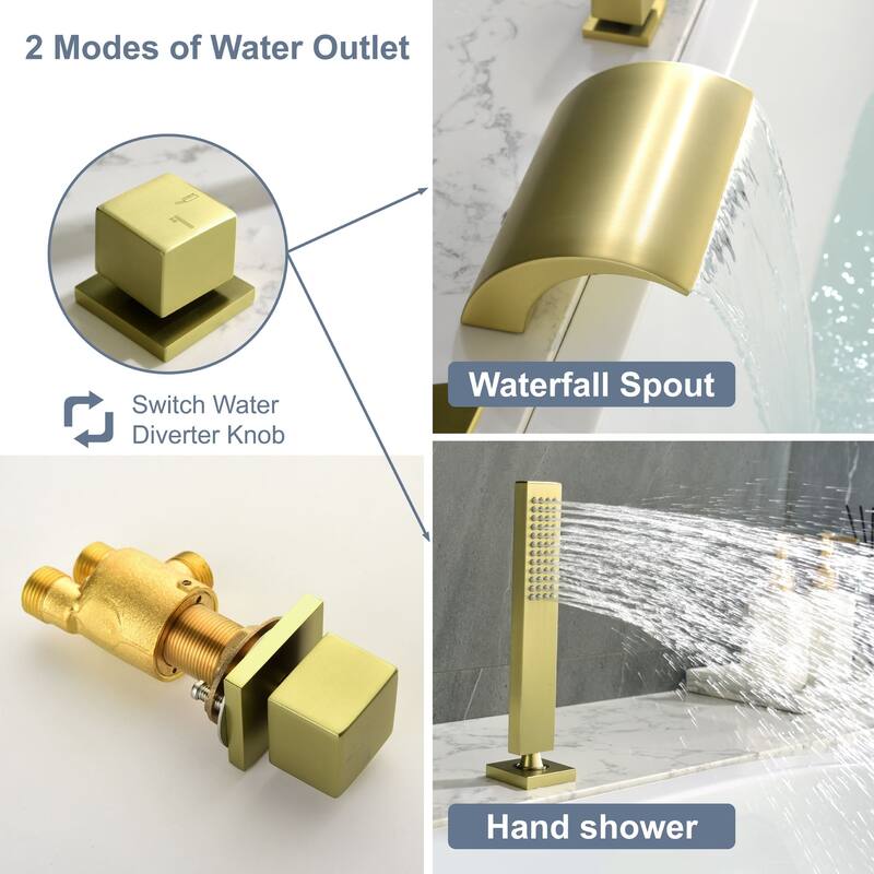 Deck Mounted Four Holes Tub Faucet Waterfall Modern Bath Tub Faucet with Handheld Shower Tub Fillers with Pressure Balance Valve