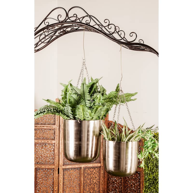 Black, Gold or Silver Metal Indoor Outdoor Hanging Dome Wall Planter with Chain (Set of 2) - Silver - Large