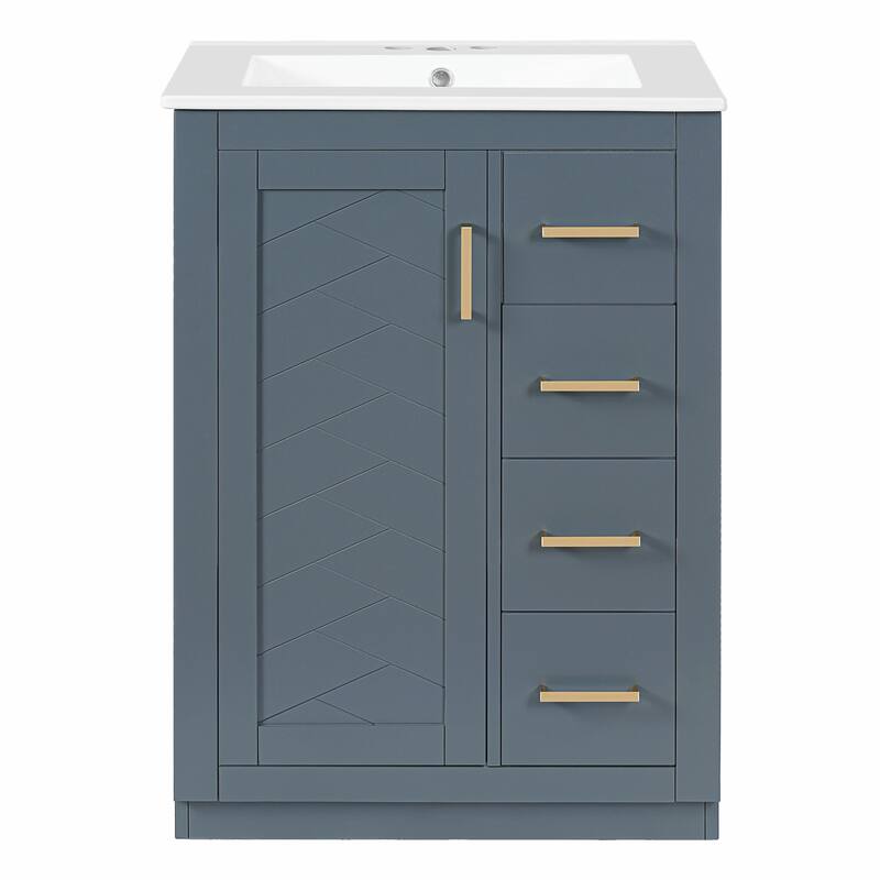 24" Bathroom Vanity with Integrated Ceramic Sink, Cabinet with 1 Door and 3 Drawers
