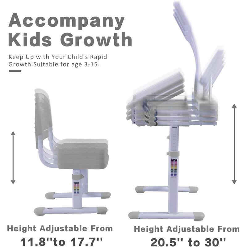 Adjustable Kids Desk and Chair Set with Tilt Desktop LED Lamp Storage Accessories Ergonomic Study - 15.0" x 15.0" x 21.3"-30"