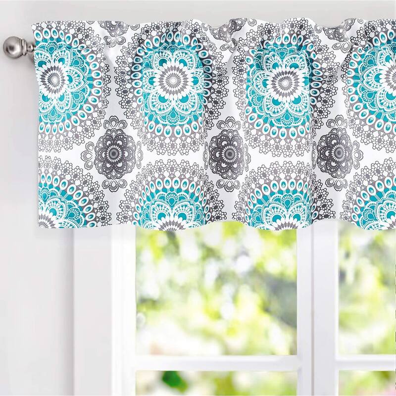 DriftAway Bella Medallion Pattern Room Darkening Rod Pocket Window Curtain Valance - 52" width x 14 " length - Aqua/Grey