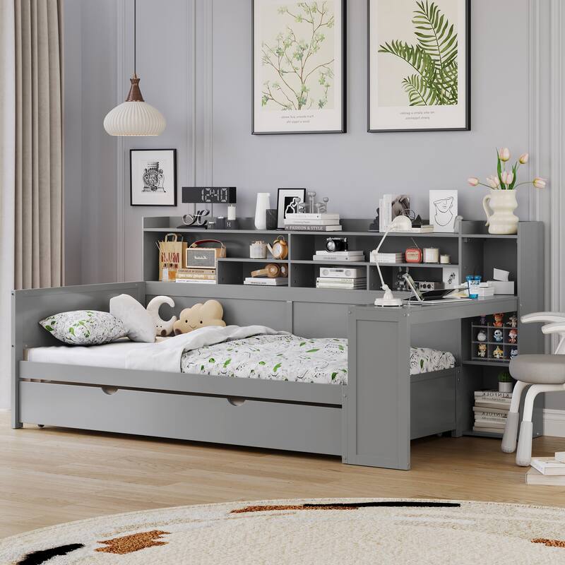 Wooden Twin/Full Size Daybed with Trundle Bed, Multi-functional Corner Platform Sofa Bed Frame with Storage Headboard and Desk